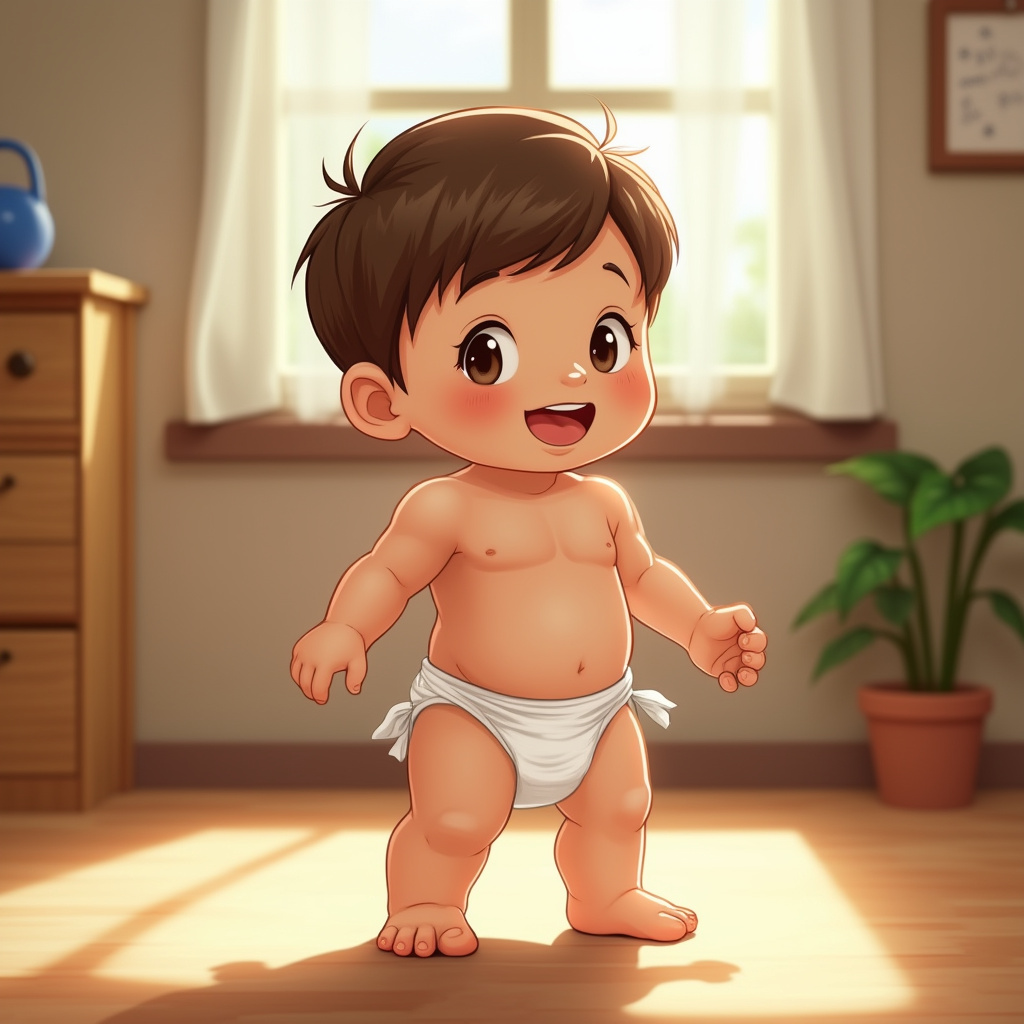 AI generated image by FLUX.1-pro: Cute anime style boy wearing diaper at preschool