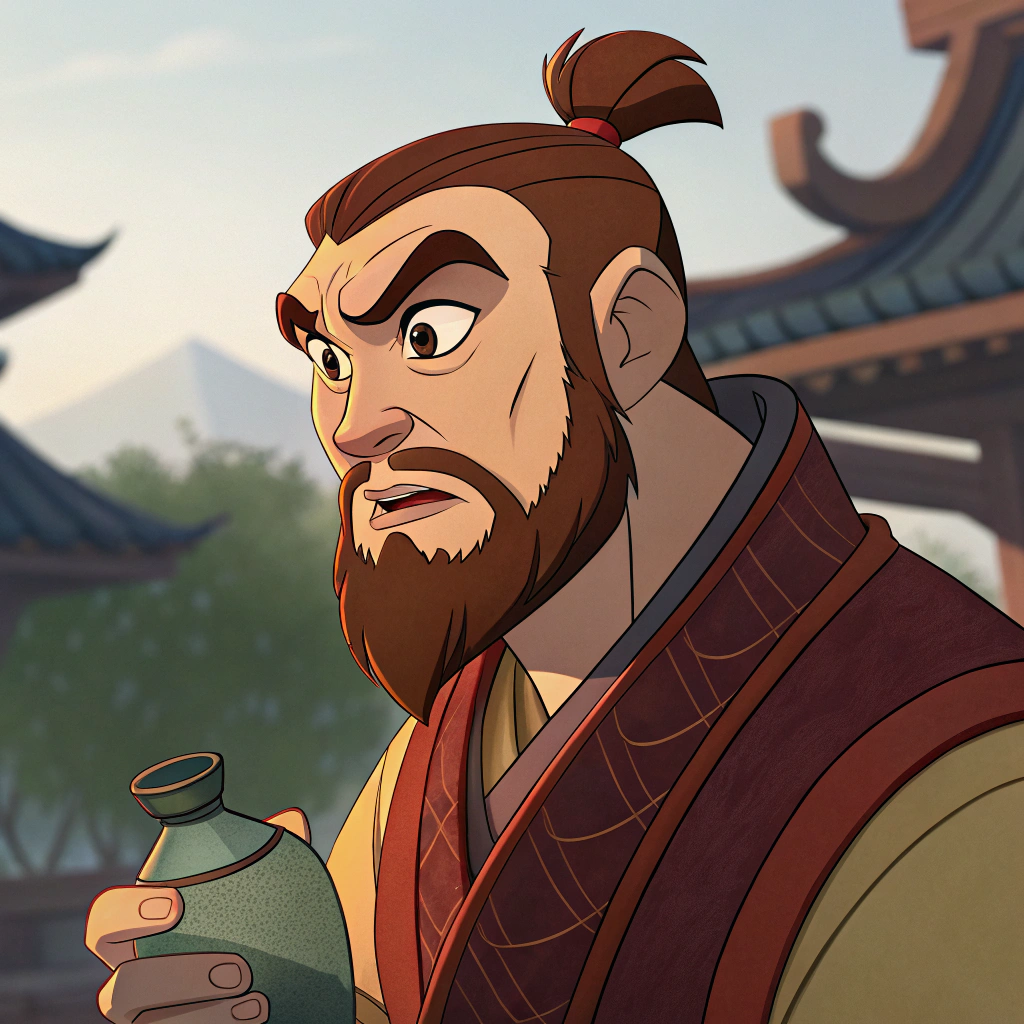 AI generated image by Red Panda AI: disney cartoon style, 8k, realistic lighting and shadows, vibrant colors, cinematic background, Pixar-like rendering style. Chronos, with almost short and brown beards, with short hair and brown eyebrows and forehead and a face from China and Wrinkled, strong, ugly, Kronos ate the potion given by Metis. The potion is in his hands and his face has changed