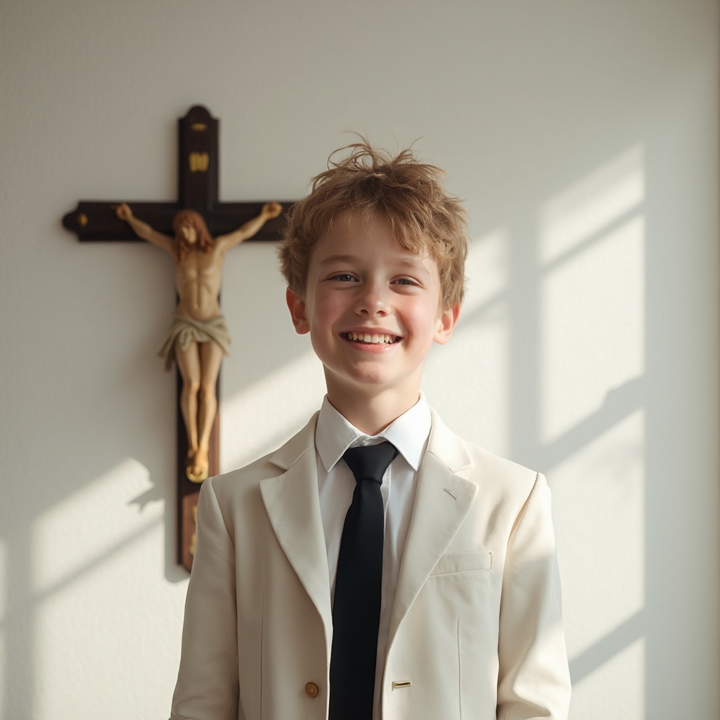 AI generated image by FLUX-Realism-Lora: The image features a carefully composed portrait of a young boy, set in a well-lit indoor setting. The overall atmosphere of the image conveys a sense of peace, light and simplicity, with a strong appeal to naturalness and subtle spirituality. The frame is frontal, with the boy positioned slightly to the left of the center of the scene, creating an interesting balance with the elements in the background.

The boy
The focal point of the image is the young man, who appears to be between 10 and 14 years old. He has a wide, genuine smile, with white, well-aligned teeth, which contributes to the feeling of genuine joy. His skin is fair, with a slight tan, and there is a subtle glow caused by the white ambient lighting that highlights areas such as the forehead, nose and cheekbones. The texture of the skin is extremely realistic, with pores and subtle imperfections that reinforce the natural character of the image.

His hair is light brown with golden undertones. The hairstyle is modern and slightly messy, with strands deliberately tousled on top, giving the boy a casual and contemporary look. The hair has volume and movement, with strands pointing up and to the sides, as if slightly disheveled after natural movement.

The boy is wearing a luxurious fine linen suit, a white shirt and a handsome black tie. The fabric falls gently over the shoulders and has small folds that contribute to the realism of the scene.

Background and environment
Behind the boy is a wall painted in a light tone, probably a very soft white, which helps to reflect the ambient light and maintain a light atmosphere. This wall has a fine, subtle texture, especially visible in the areas where light and shadow meet. The shadows of the elements in the room form soft diagonal stripes on the wall, creating a geometric pattern that adds depth to the scene.

To the left of the boy is a wall crucifix hanging vertically. The crucifix is ​​traditional, with the figure of Jesus Christ centered and with his arms outstretched. The cross is made of wood or a material that simulates dark wood, with gold details that refer to a classic Catholic style. The figure of Christ is golden and bright, standing out against the neutral wall. The shadow of the crucifix is ​​cast to the right, reinforcing the direction of the light source.

This religious presence adds a symbolic layer to the image. It may suggest that the setting belongs to a family of Christian or Catholic faith, or that the boy is in a moment of reflection or spiritual peace. The image therefore conveys not only technical realism, but also a visual narrative with implicit meanings.

The space is intensely lit by artificial ambient light — bright, white and evenly distributed — without any interference from sunlight. This artificial lighting ensures consistent and uniform shadows throughout the space, with smooth transitions and no sharp contrasts.

Composition and lighting
The composition is essentially symmetrical, but not rigid — balance is achieved through the clever positioning of the elements. The boy occupies the center, while the crucifix balances the left side. The neutral background helps to highlight the face and objects without generating visual noise.

The lighting is soft and even, coming from above and from the sides, provided by bright, white ambient indoor lighting. This creates well-defined but subtle shadows that add depth without distraction. The artificial light that hits the boy’s face is perfect for a portrait—soft enough not to cause excessive glare, but bright enough to reveal facial textures and volume.

Technical Realism
The image is highly realistic in every way: textures, lighting, proportions, and even subtle imperfections that contribute to the authenticity. The shadows and the way the light interacts with the skin, hair, and objects in the background demonstrate a level of detail that makes the image feel like a real photograph. The depth of field is slightly blurred in the background, which helps keep the boy’s face the center of attention. The edges of the elements in the background are soft, without artificial contours.

Emotional and symbolic interpretation
In addition to its visual appeal, the image carries a symbolic meaning: the boy's genuine smile, combined with the presence of the cross and the natural light that surrounds him, conveys an idea of ​​purity, peace and spirituality. It can be interpreted as a representation of innocence, faith or even the harmony between childhood and belief. The atmosphere is welcoming and intimate, almost like a scene from a peaceful morning in a family home.

A confident boy with a kind smile, looking directly at the camera, talking casually. Realistic skin texture with visible pores and freckles. Slight skin imperfections. Hair with natural flyaways and realistic shadows. Natural daylight from a side window creating soft highlights and subtle shadows on the face. Background slightly blurred, showing a textured wall and a golden cross with slight wear. Captured with a Sony A7 IV and 35mm f/1.8 lens. Shallow depth of field, photorealistic, soft focus, documentary-style, candid atmosphere. --style raw --profile