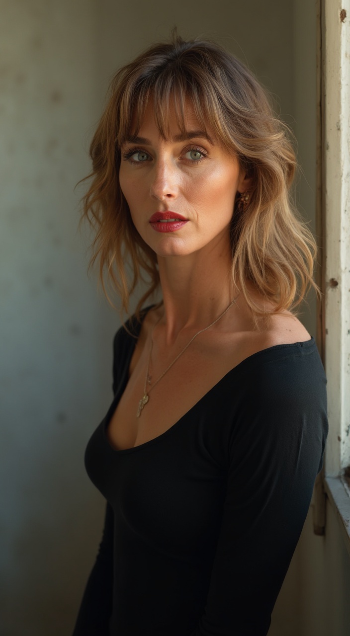AI generated image by FLUX-Realism-Lora: high resolution 12k scene dynamic motion, realistic, cinematic Professional photograph from a Nikon Z6 III Mirrorless Camera with Nikon NIKKOR Z 24-120mm of a woman who is in her late 40s Her facial features include a slightly rounded face shape, expressive eyes with a hint of brown, a straight nose, and a serious face expression .She has shoulder-length, wavy, light brown hair with a fringe. Her skin tone is tanned. She has subtle wrinkles on her forehead and around her eyes, consistent with her age, and visible neck lines. Clothing She is wearing a Cotton black tight dress she has large breast size and red lipstick on her lips She is posing on a balcony she has eyeliner on and foundation on her natural lighting that softly illuminates the woman's face and body.  The lighting is even and diffused, without harsh shadows, casting a warm tone on the subject. The background is a pale, neutral tone, which helps draw attention to the woman. The soft lighting and subtle background contribute to a calm and intimate atmosphere