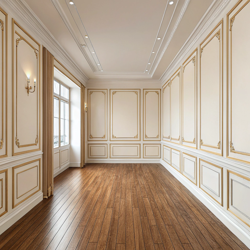 AI generated image by Red Panda AI: piso de madera y pared blanco con beig sin ventanas