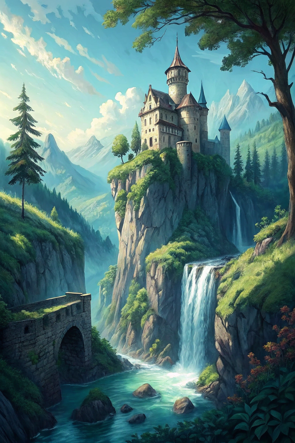 AI generated image by Red Panda AI: a picturesque scene of a castle perched atop a cliff, surrounded by lush greenery and a waterfall cascading through a rocky canyon.