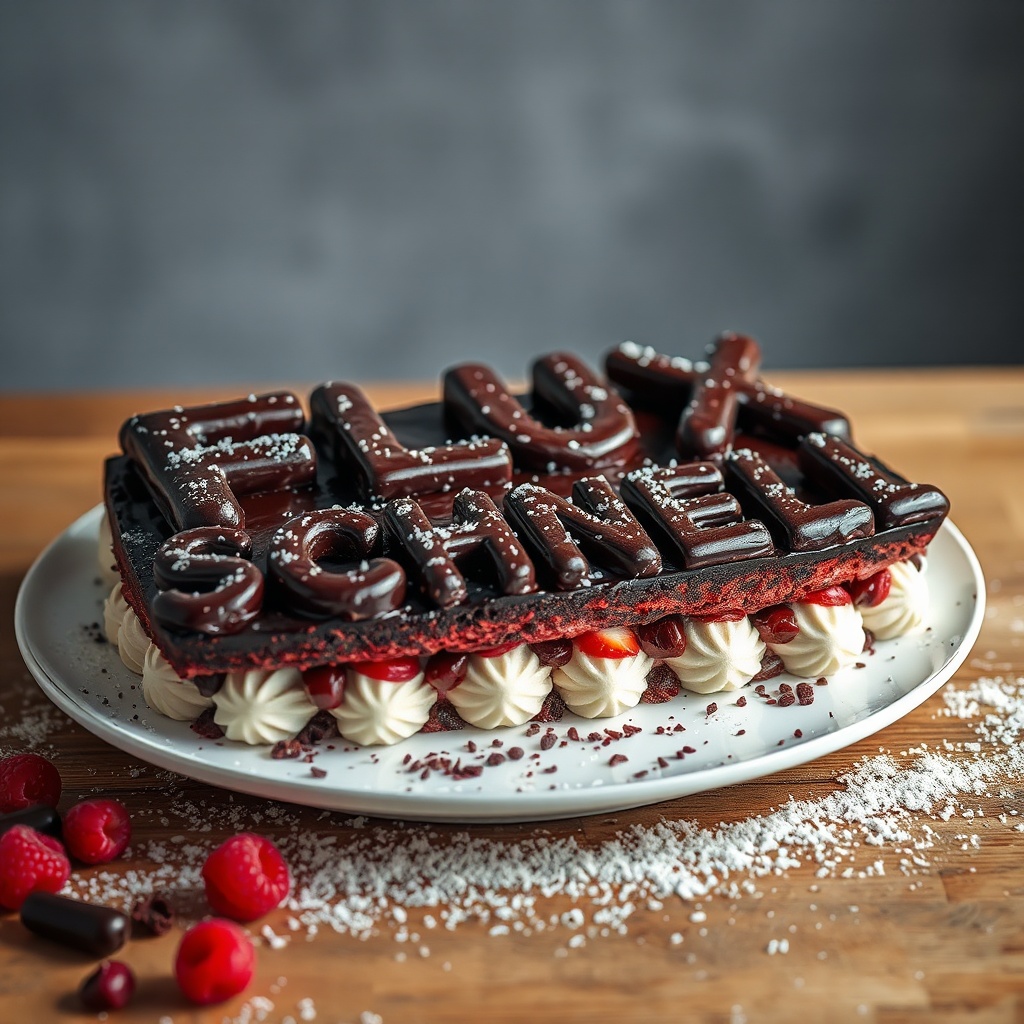 AI generated image by FLUX.1-schnell: black forest gateau cake spelling out the words "FLUX SCHNELL", tasty, food photography, dynamic shot