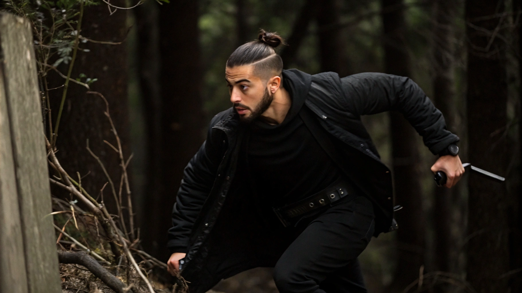 AI generated image by Red Panda AI: a young arabian lean man, with short beard, undercut and samurai's style bun, wearing black, running away from something in a dark forest, cinematic scene