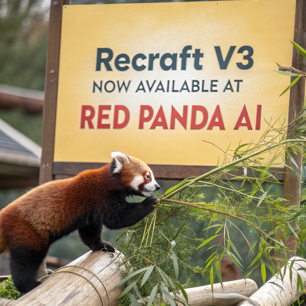AI generated image by Red Panda AI: a red panda eating a bamboo in front of a poster that says "recraft V3 now available at red panda ai