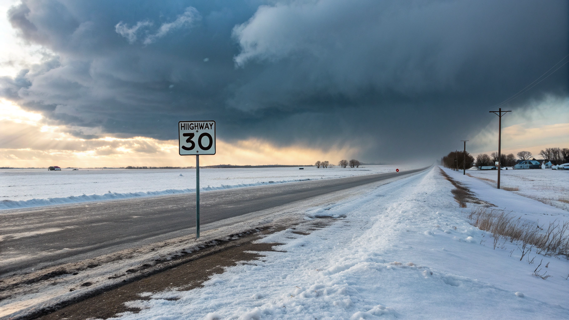 AI generated image by Red Panda AI: Winter storm clouds over Nebraska highway, snow ice storm, december, snow and ice, dramatic sky, dark grey clouds, icy road says "Highway 30", photojournalistic style, soft natural lighting, wide angle