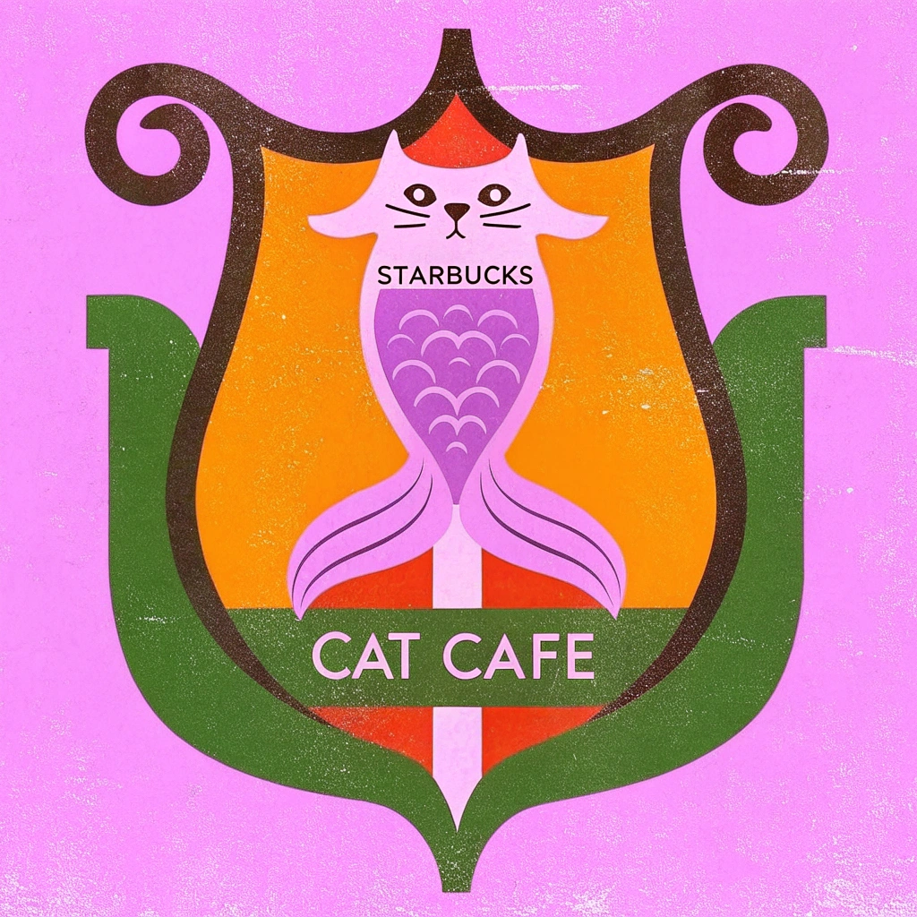 AI generated image by Red Panda AI: A hanging shop sign, for a cat cafe, in the style of Starbucks  2 tail mermaid design