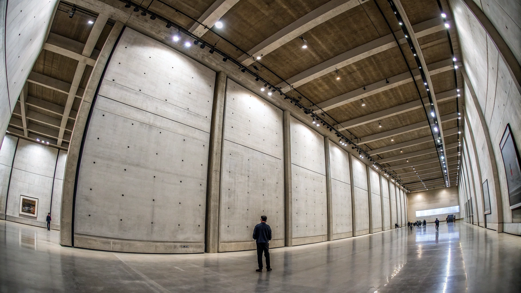 AI generated image by Red Panda AI: 
A symmetric, ultra-wide-angle shot of a towering concrete wall in a massive, 10-meter-high modern art gallery with polished concrete floors and exposed beams. The wall features three evenly spaced minimalist vertical frames, each much larger than a man standing nearby for scale, emphasizing the immense size of the space. Captured with a low-angle perspective and a slight fisheye distortion, the cinematic indoor lighting enhances the realistic aesthetic with influences of Abstract Expressionism. The photorealistic composition is perfectly symmetrical and head-on, amplifying the sense of grandeur and vastness.

