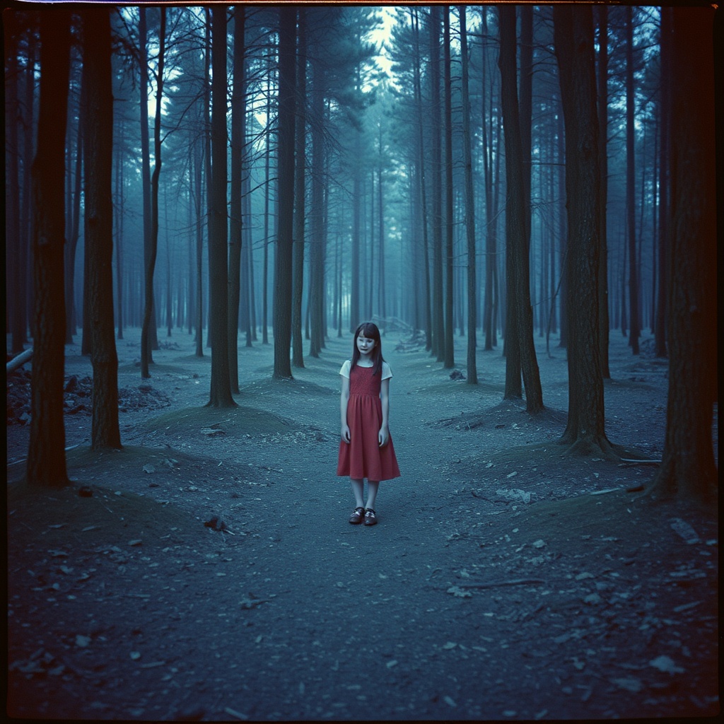 AI generated image by FLUX.1-schnell: analog flash photo of an abandoned, empty, frozen in time and slightly unsettling, but also familiar, A girl, forest, Nostalgia, familiarity, discomfort, after hours, urbancore, the effect of being in a retro horror or RPG video game --v 6.0