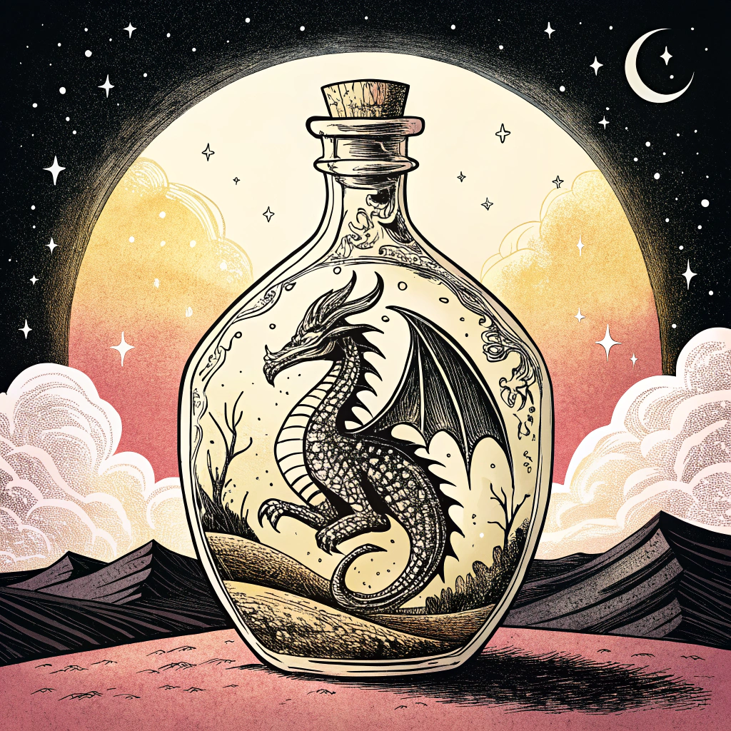 AI generated image by Red Panda AI: Una ilustración estilo medieval  con una botella y en su interior un dragón. el fondo en un degradadado de negro a blanco y luego a  amarillo y a rosa.

