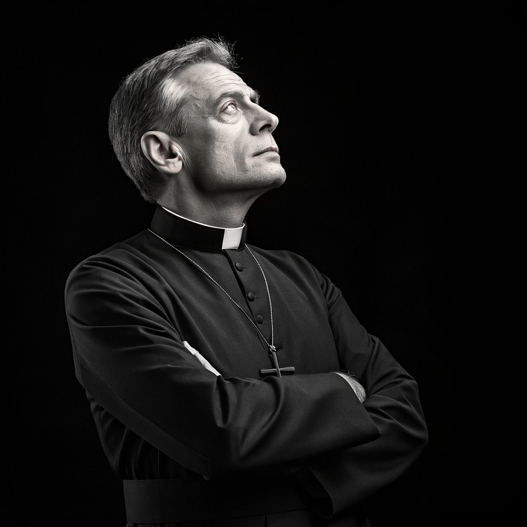 AI generated image by Red Panda AI: A priest, arms crossed, in front of a black background, ultra HD 4K photo realist