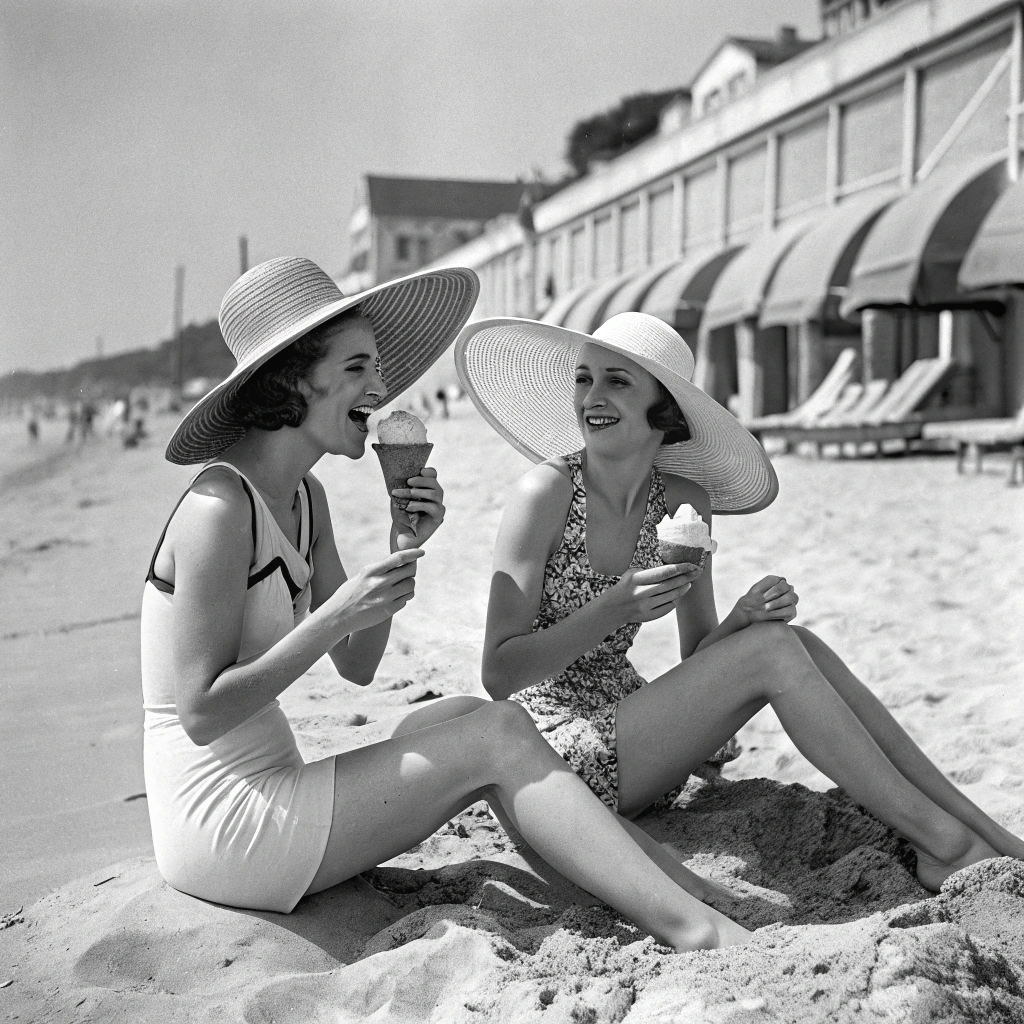 AI generated image by FLUX.1-schnell: a black and white nostalgic photo of two beautiful italian young women eating gelator in the 30s in the beach side on the sand with large summer hats and modest swimware
