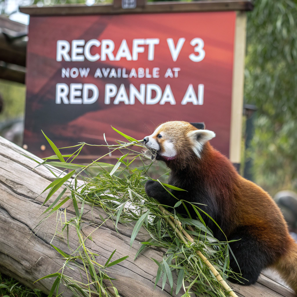 AI generated image by Red Panda AI: a red panda eating a bamboo in front of a poster that says "recraft V3 now available at red panda ai