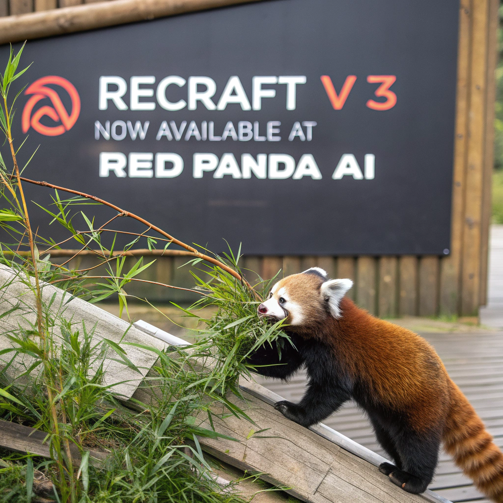 AI generated image by Red Panda AI: a red panda eating a bamboo in front of a poster that says "recraft V3 now available at red panda ai