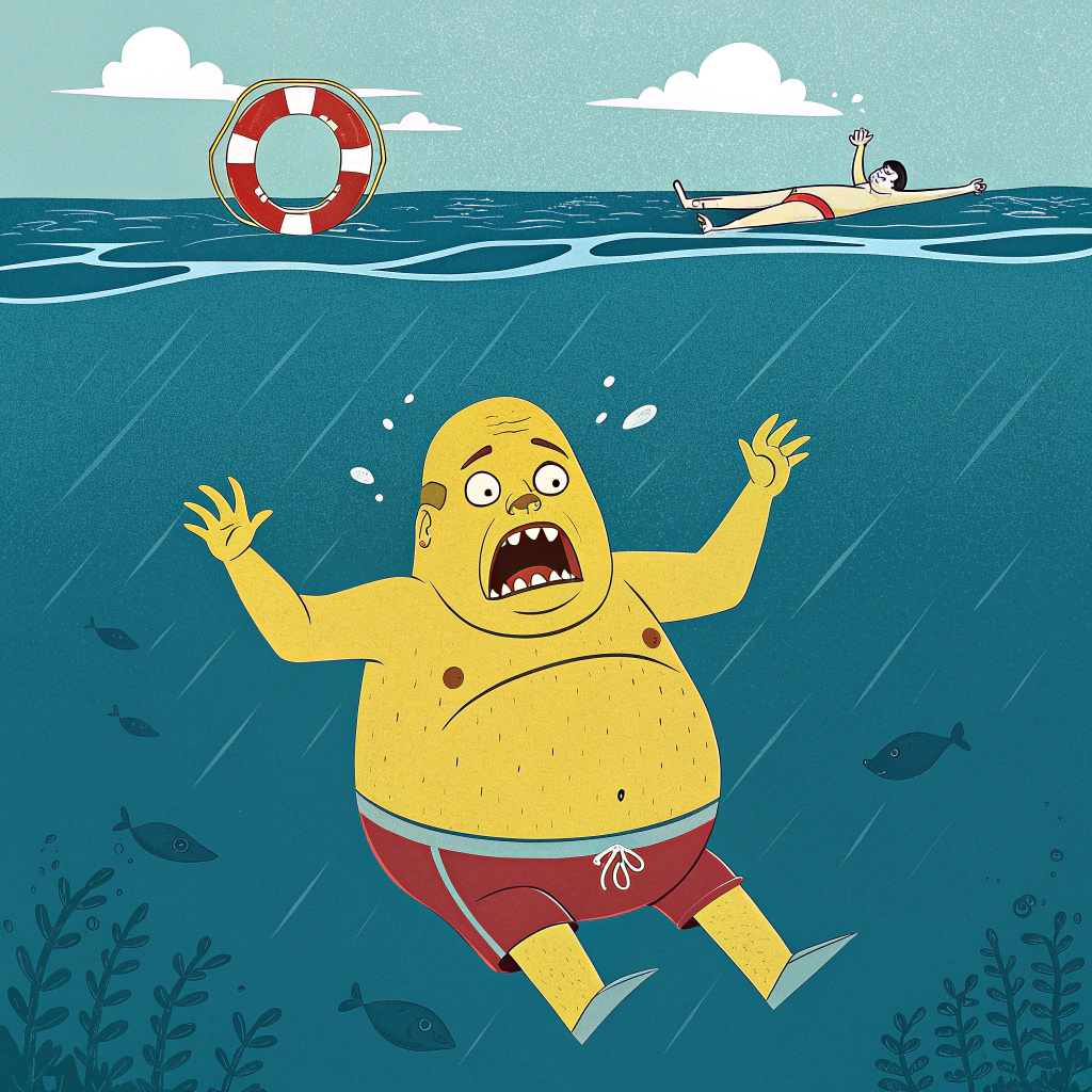 AI generated image by Red Panda AI: Vintage movie poster inspired by 'Jaws', but instead of the shark, there is a cartoonish, humorous character resembling a bald, overweight man with yellow skin (similar to Homer Simpson), floating underwater with a confused expression and wide-open mouth. Above him, a surprised swimmer is floating on the water surface. The ocean is deep blue, maintaining the retro 1970s poster style with bold red text for the title, but altered slightly to avoid direct references.