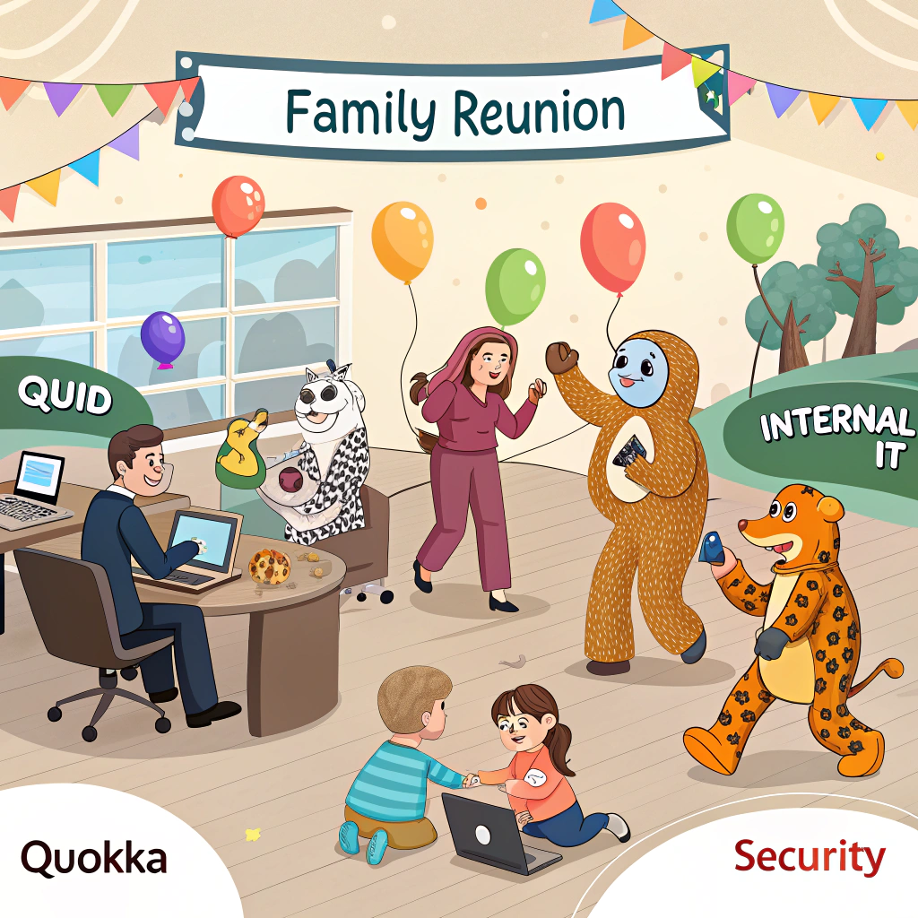 AI generated image by Red Panda AI: can you create a picture that illustrate a family reunion for the office with different teams.
The name of the team are: squid, Internal IT, quokka, security.
The picture must be fun