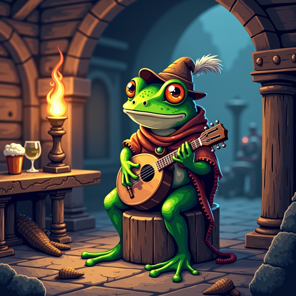 AI generated image by FLUX.1: A small, comical frog bard perches confidently on a weathered wooden stool beneath the flickering torchlight of a rustic medieval tavern. Its vibrant green skin, dotted with faded battle scars, gleams softly despite the dim pixelated glow. Clad in a tattered patchwork cloak and a crooked bard’s hat with a worn feather, the frog’s wide, expressive eyes shine with mischievous wisdom and quiet resilience. A lute rests in its hands, fingers frozen mid-strum, as if caught in the middle of a heartfelt melody that echoes through the grainy pixel air. Behind it, the tavern’s pixelated timber beams creak, and scattered patrons blur into muted, blocky shapes, lost in the crackling warmth of a dying fire.

Rendered in a retro, 16-bit pixel art style, the scene is drenched in grainy textures and soft CRT scan lines, with subtle pixel bloom highlighting the lute’s strings and the bard’s breath in the chilly night air. The palette is limited yet vibrant — a nostalgic homage to classic SNES-era fantasy RPGs. This frog bard is both a humorous companion and a steadfast storyteller — a pixelated relic of an age when every note and every pixel carried weight. Quirky. Loyal. Unforgettable.