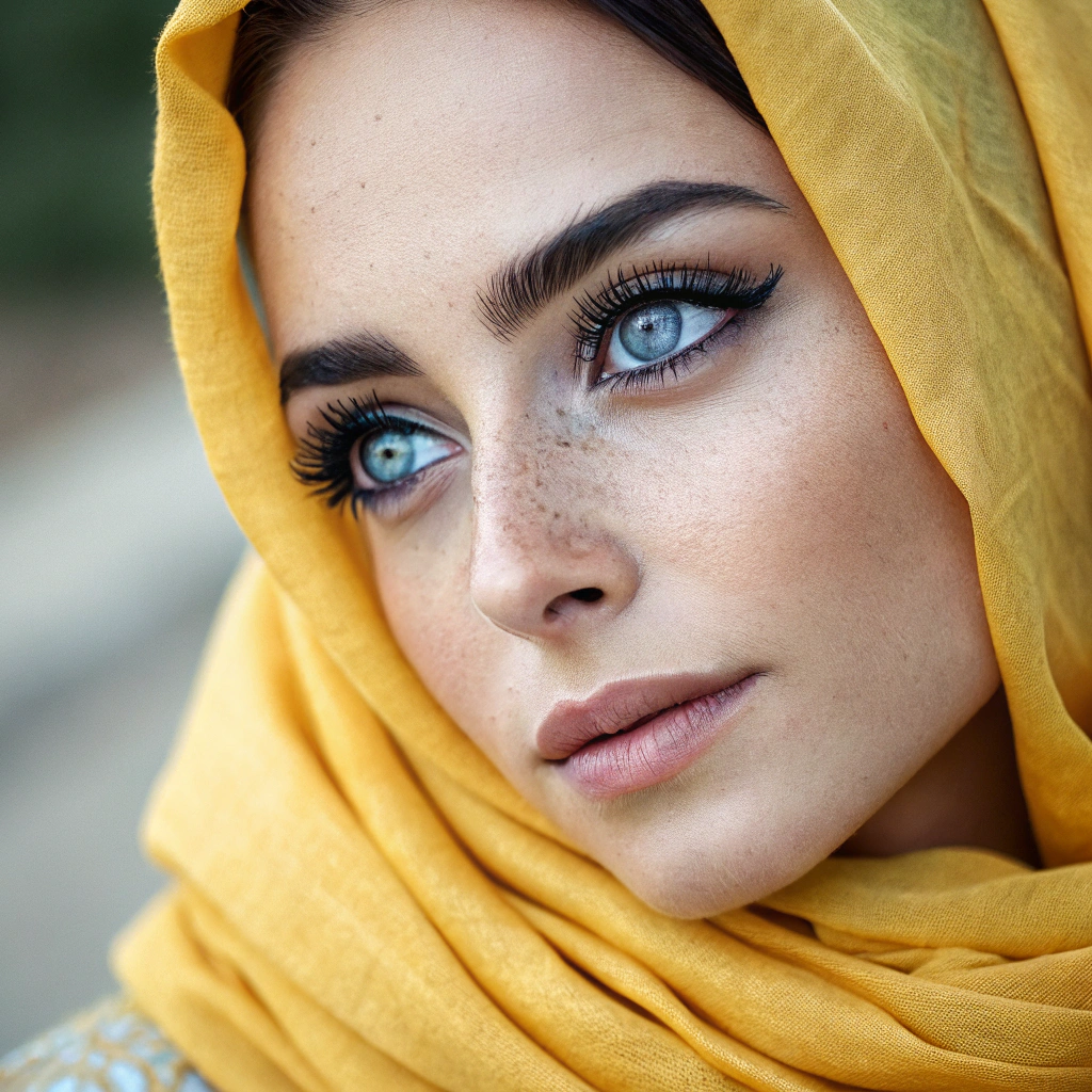 AI generated image by Red Panda AI: A captivating close-up photo portrait of a woman with striking doe-eyes, blue eyes, framed by long, dark lashes and perfectly arched brows. Her flawless skin has a natural, dewy glow, with subtle freckles adding to her ethereal beauty. She is wrapped in a vibrant yellow scarf, its soft fabric delicately encasing her face, creating a stunning contrast against her deep blue eyes. The scarf drapes gracefully around her head, with fine details of the fabric's texture visible in the soft light. The background is softly blurred, ensuring all attention is drawn to her mesmerizing gaze and the vibrant hues of the scarf. The overall composition exudes a sense of quiet intensity, capturing a moment of serene contemplation.
