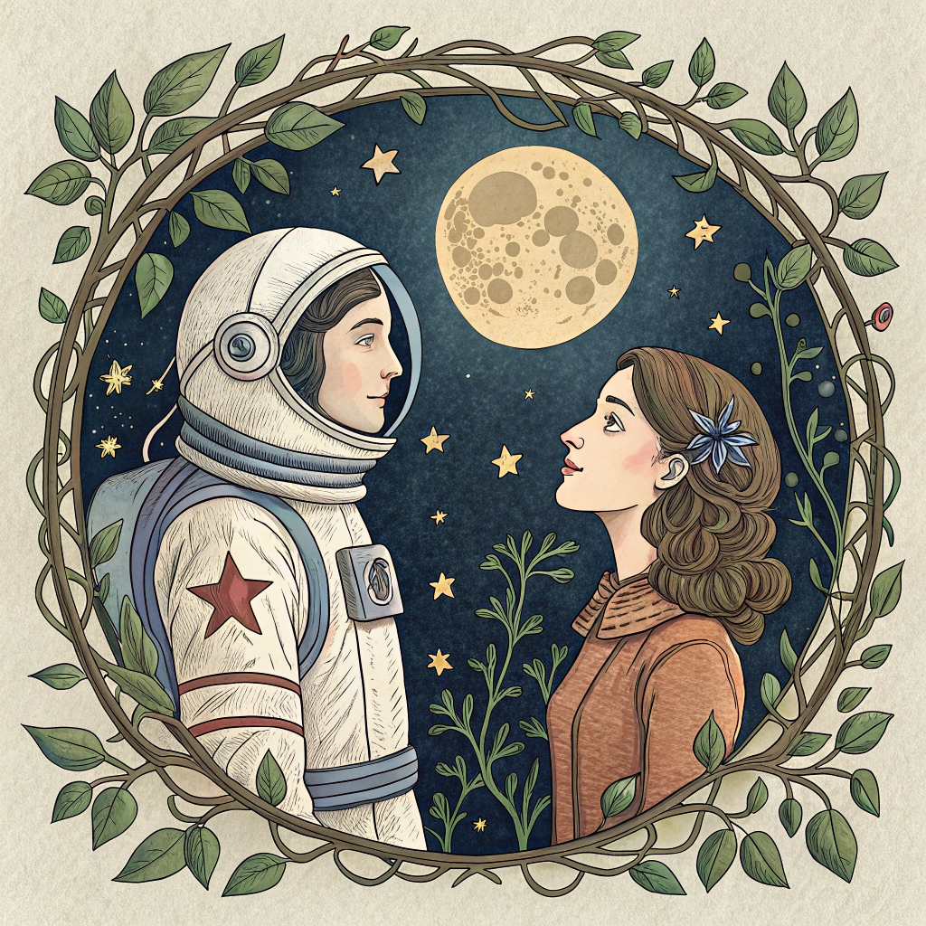 AI generated image by Red Panda AI: Una ilustración estilo medieval con dos figuras centrales. Una es un astronauta y tiene una estrella sobre la cabeza, la otra es una ninfa y tiene la luna sobre la cabeza. Alrededor como un marco hay una enredadera
