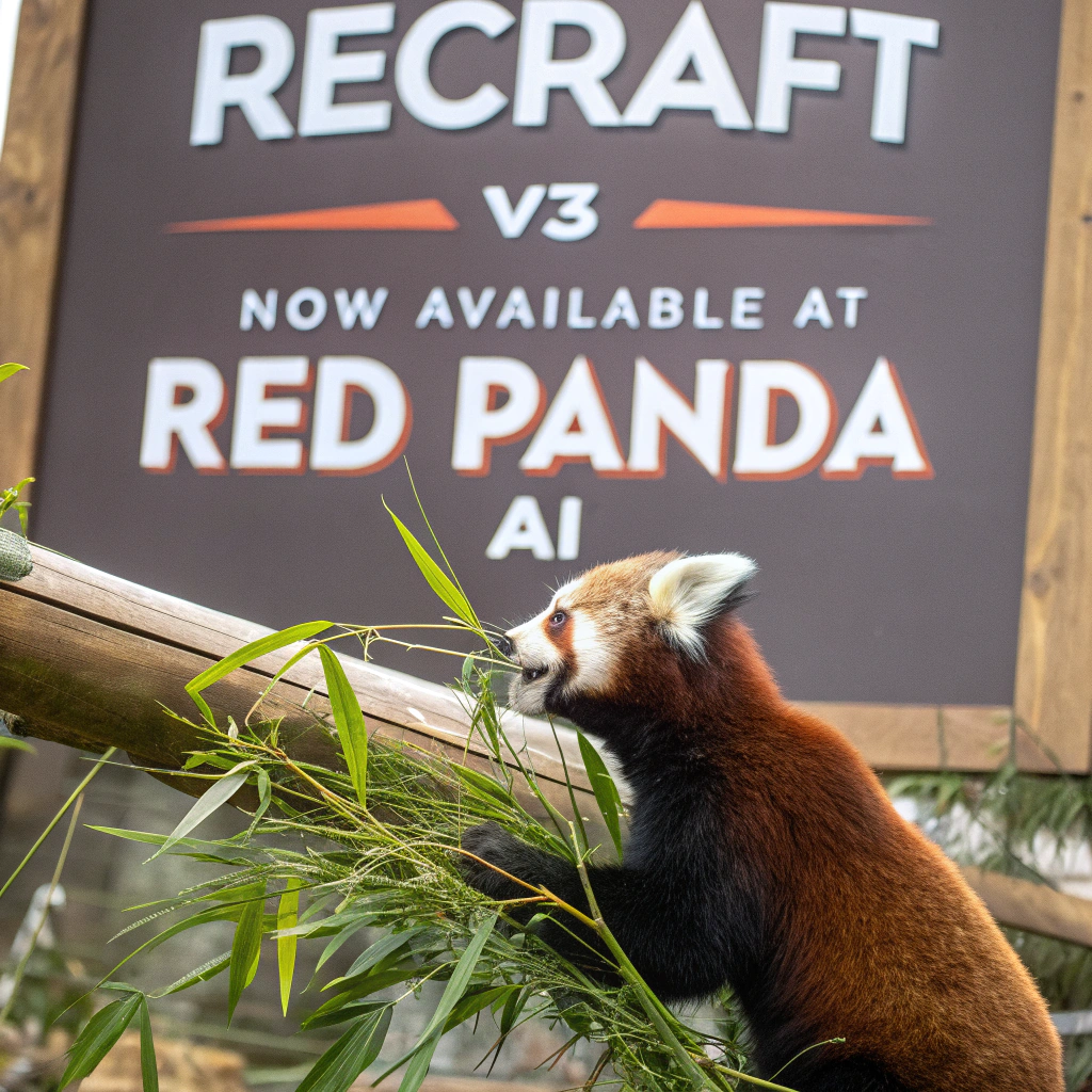 AI generated image by Red Panda AI: a red panda eating a bamboo in front of a poster that says "recraft V3 now available at red panda ai