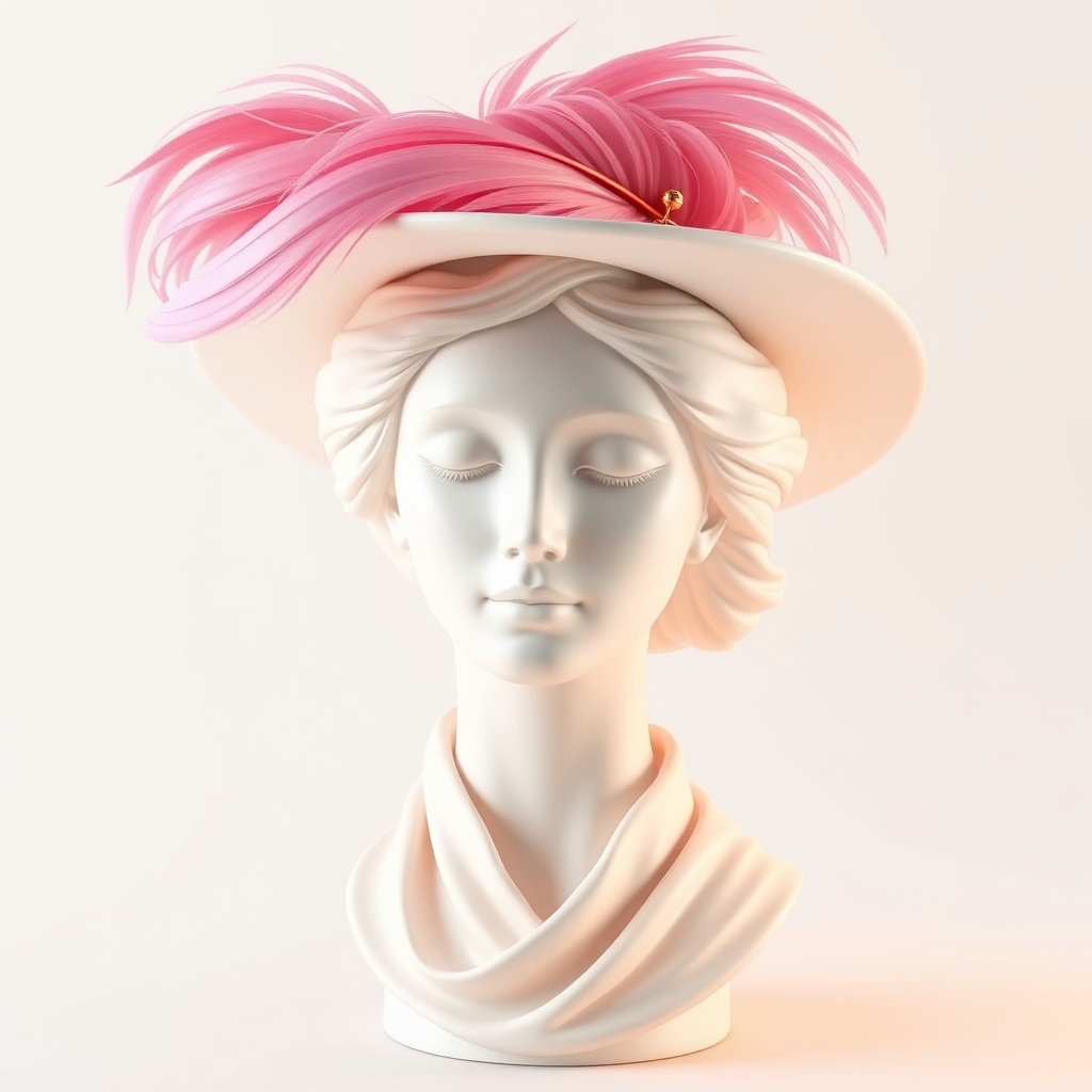 AI generated image by FLUX.1-schnell: A photograph of a highly detailed, white, 3D sculpted bust of a serene woman with closed eyes, set against a plain white background. She wears a wide-brimmed hat adorned with a large, flowing pink feather and subtle gold accents. The bust's smooth texture and elegant, draped fabric suggest a classical style. Soft, warm lighting accentuates the contours and creates a dreamy, ethereal atmosphere.