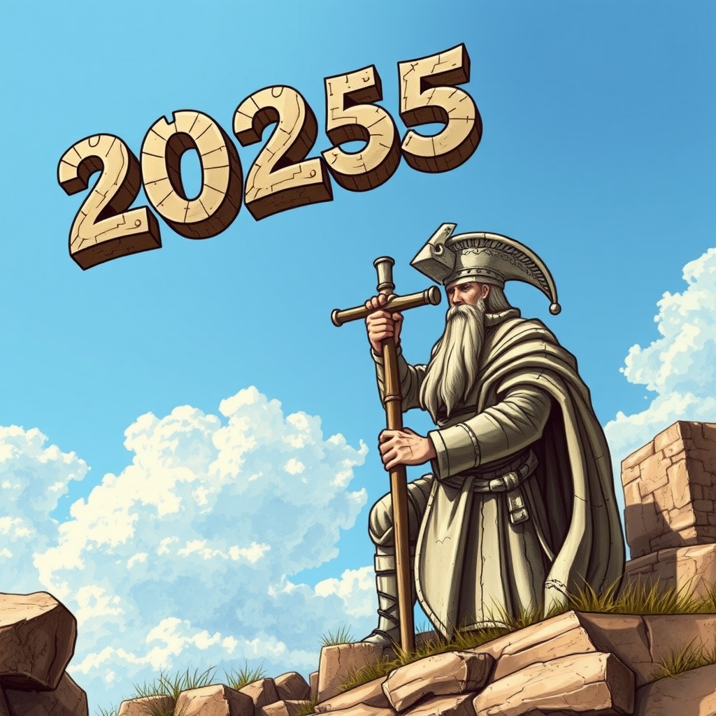 AI generated image by FLUX.1-schnell: dibuja el año "2025" bien grande sobre el cielo.
Debajo un hombre medieval de piedra.
que se esculpe a si mismo.
con un mazo y un cincel     