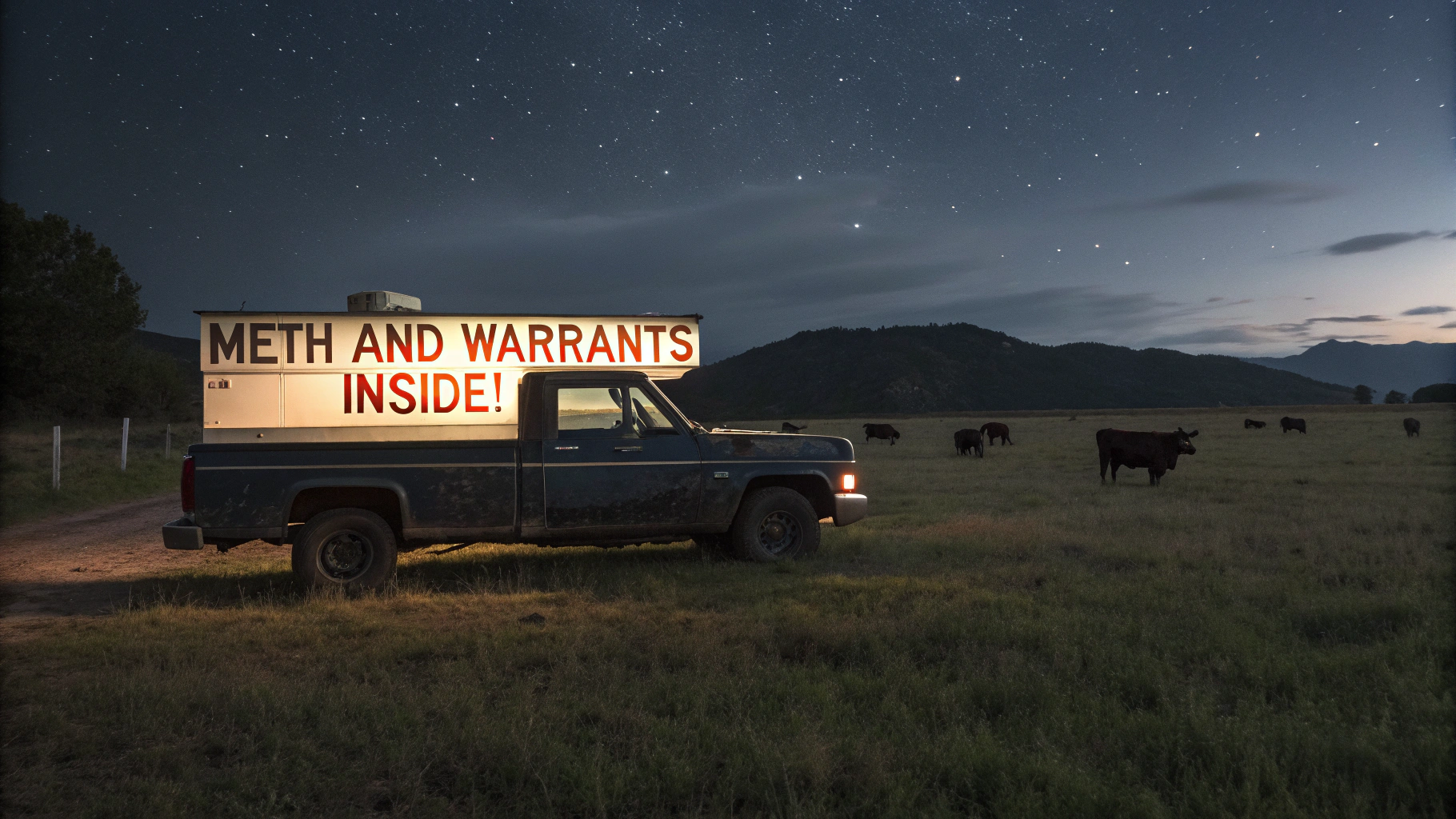 AI generated image by Red Panda AI: nighttime, in the dark, a beat up truck with a sign on the side that says "Meth and Warrants Inside!", surrounded by cows