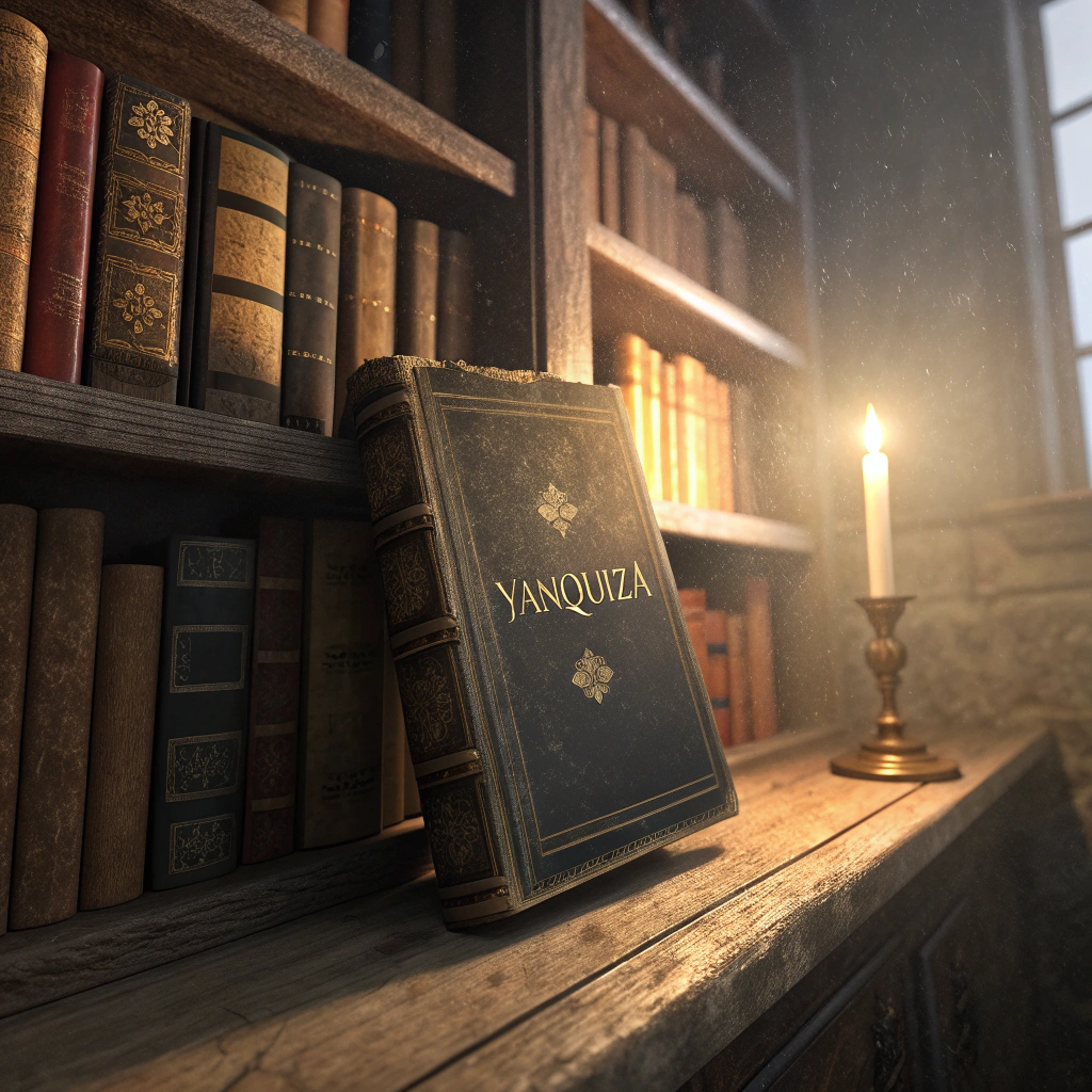 AI generated image by Red Panda AI: An ancient library with a book shelf in the focus. There is an old book with the word YANQUIZA on the cover. Soft light shines on the shelf from a candle.