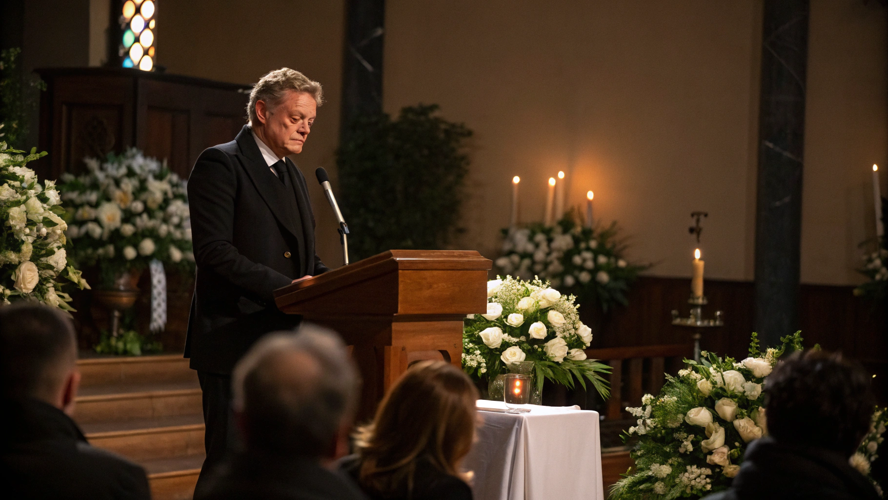 AI generated image by Red Panda AI: Ein europäischer Mann im schwarzen Anzug hält von einem Pult aus eine Ansprache für die Gäste einer Beerdigung.