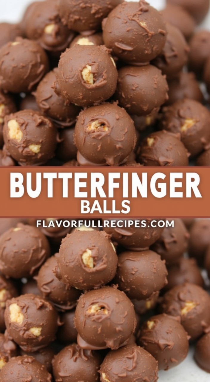 AI generated image by FLUX.1-pro: homemade Butterfinger Balls, a confectionery creation presented in two identical close-up photographs separated by a rust-brown text banner. The spherical treats, approximately one inch in diameter, are coated in a glossy milk chocolate shell that exhibits a smooth, polished finish with subtle ripples and variations in its surface texture. Each ball has a distinctly irregular coating pattern, creating a handcrafted appearance, with some balls showing small peaks or drips in the chocolate coating. Through breaks in the coating, glimpses of a lighter, textured interior are visible, suggesting a crumbly or crispy filling consistent with the Butterfinger candy bar's signature texture. The balls are densely arranged on what appears to be a white or light-colored surface, creating natural shadows between them. The lighting appears to be natural or ambient, highlighting the chocolate's rich brown color and giving the coating a lustrous sheen. The central text banner contains "BUTTERFINGER BALLS" in bold white capital letters, with "FLAVORFULLRECIPES.COM" displayed below in smaller text. The entire composition suggests a professional food blog or recipe website presentation, with the duplicate images arranged vertically to create a Pinterest-style layout.