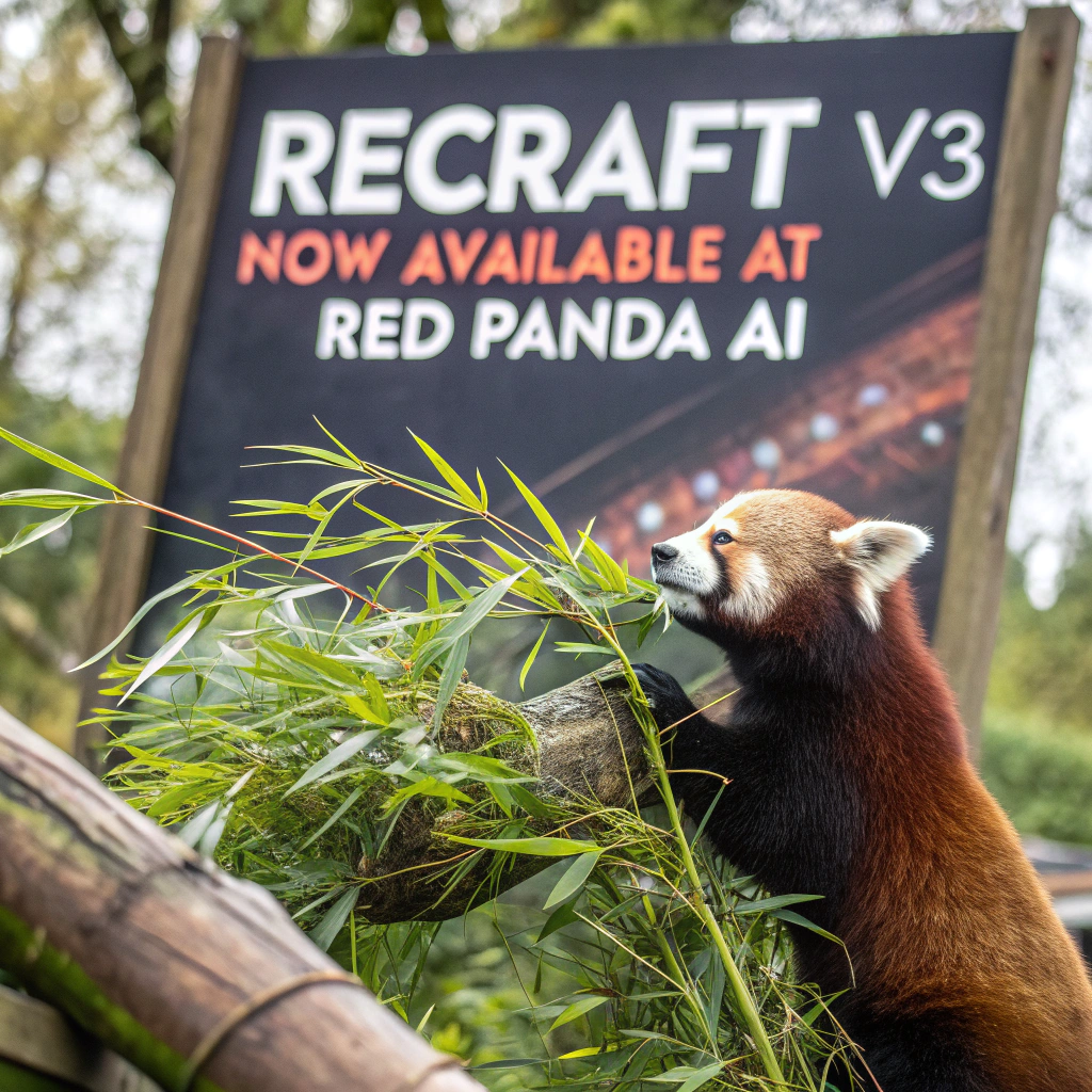 AI generated image by Red Panda AI: a red panda eating a bamboo in front of a poster that says "recraft V3 now available at red panda ai