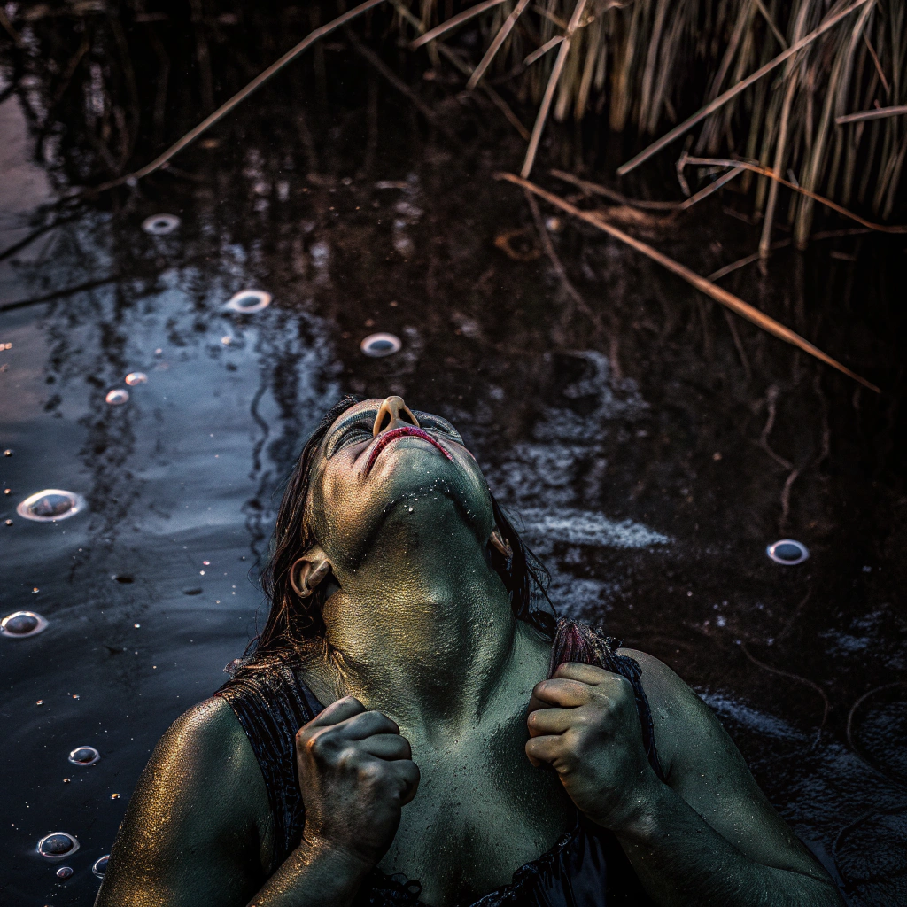 AI generated image by Red Panda AI: A large and muscular green skinned orc woman woman farts while bathing in a swamp pond, causing several large bubbles to surface in the pond behind her. Overhead view. Her eyes are closed, and she has an angry expression. She is holding both of her fists at chest height 