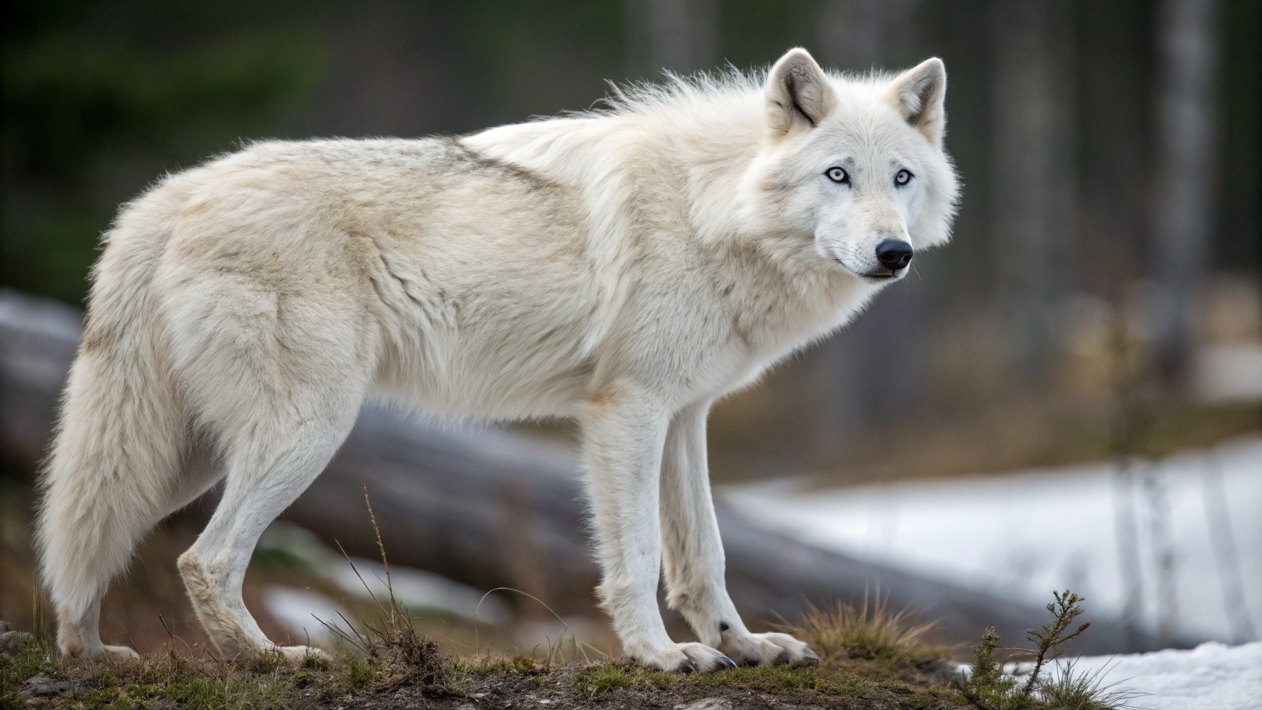 AI generated image by Red Panda AI:  Femal white wolf with light blue; cleavage; large hips; skiny; cute; firm tits; punk outfit