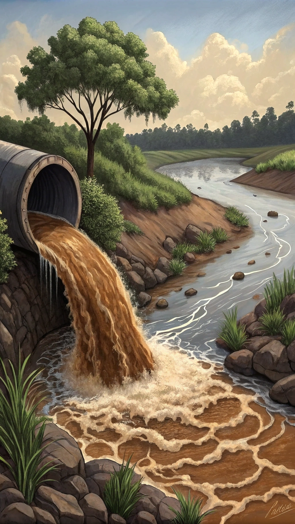 AI generated image by Red Panda AI: Wastewater spilling into a river, toxic, brown, gross
