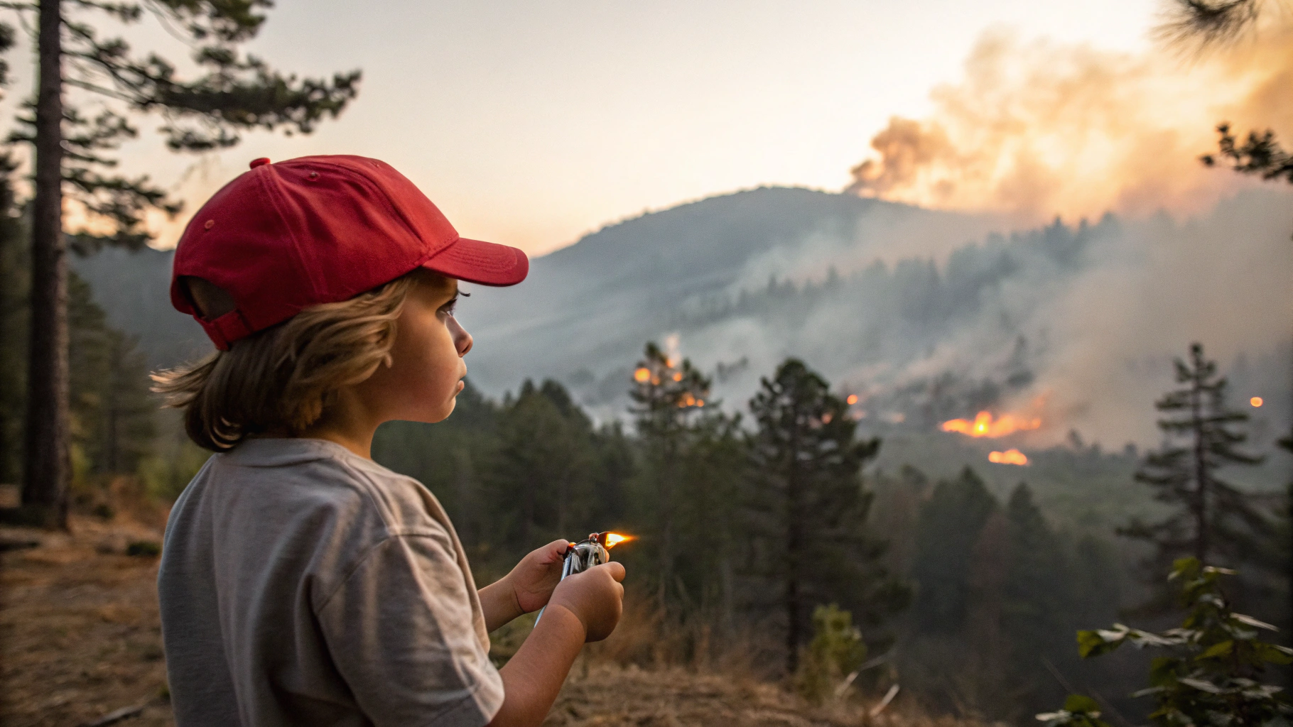 AI generated image by Red Panda AI: Jeune enfant de dos avec  une casquette rouge, tenant à la main un briquet et regardant une foret en flammes