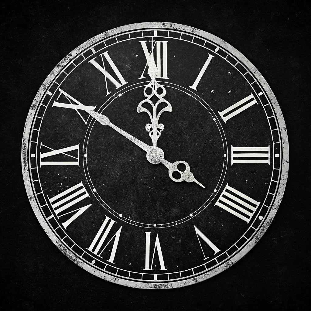 AI generated image by Red Panda AI: “A black background with the hands of an old clock in white, showing 09:05.”