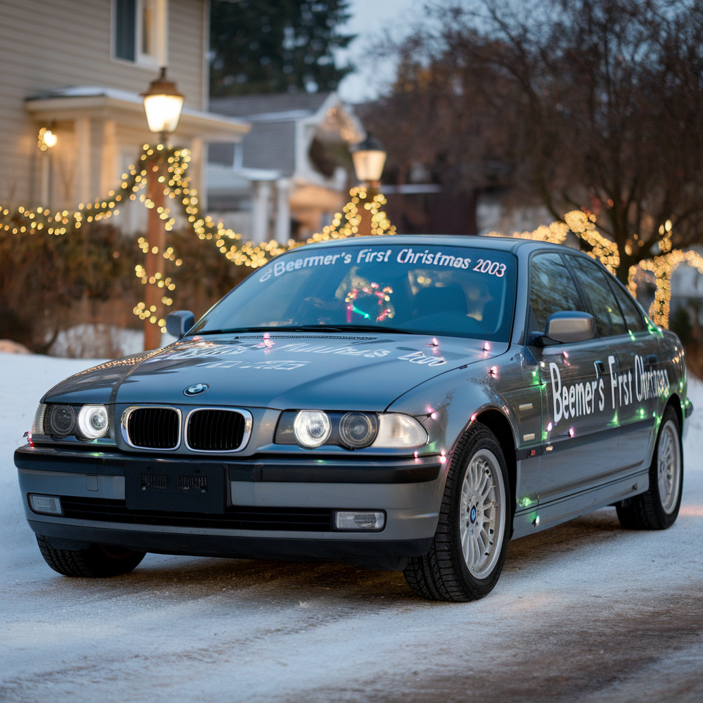 AI generated image by ideogram 2.0: Beemer's First Christmas 2003 Blue Text Design