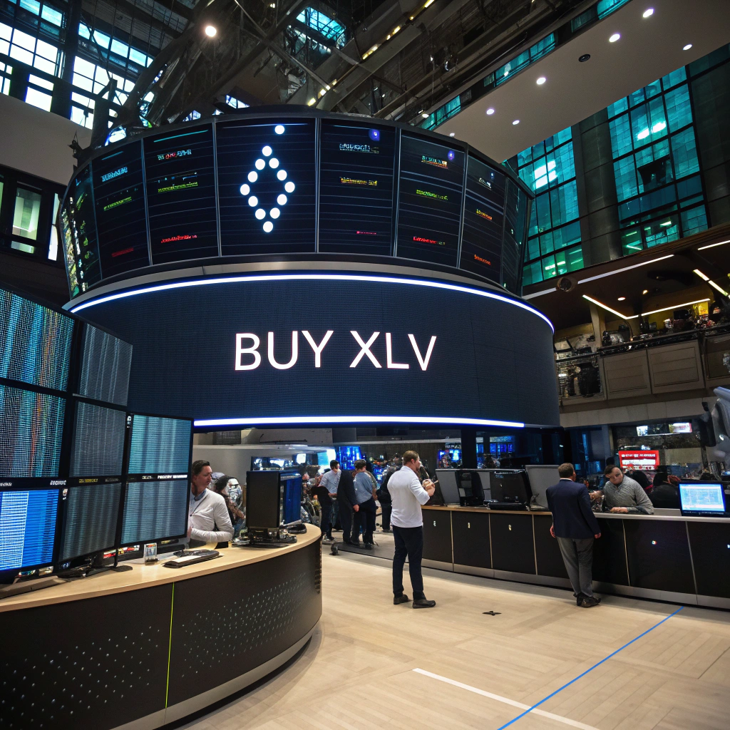AI generated image by Red Panda AI: "XLV" motif of healthcare buy the stock "XLV, futuristic "BUY XLV" on a stock ticker