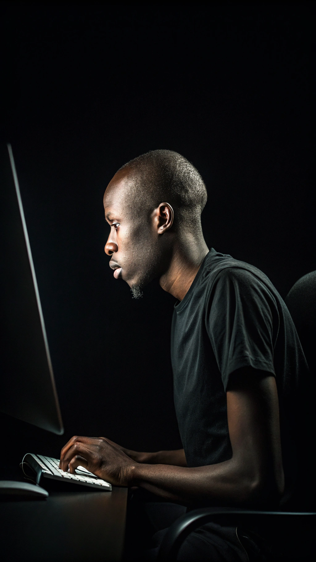 AI generated image by Red Panda AI: An extremely dark room completely obscured by shadows. A young Afro man, around 20 years old, with very short, nearly shaved hair, wearing a black t-shirt, is sitting in front of a glowing computer screen. The glow of the screen is soft, casting subtle light on his head, shoulders, and part of the chair, while maintaining a dim and minimal look. The perspective is a diagonal angle, slightly elevated and positioned behind him to the left, providing a partial side and back view. The rest of the scene remains pitch black, focusing on the contrast between the screen's glow and the darkness. The image is composed vertically for a social media-friendly format, the image gonna be from the back, and no is necesary very realistc image
