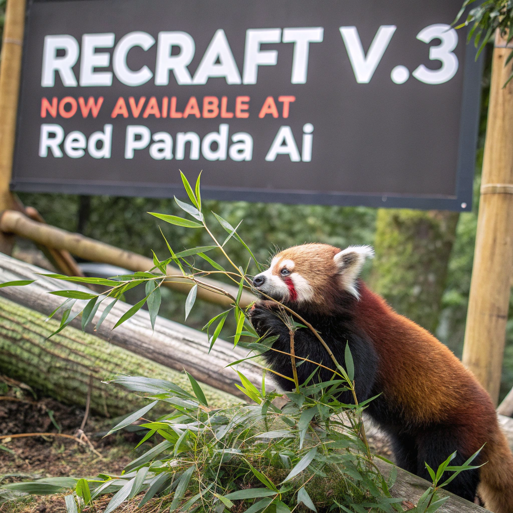AI generated image by Red Panda AI: a red panda eating a bamboo in front of a poster that says "recraft V3 now available at red panda ai