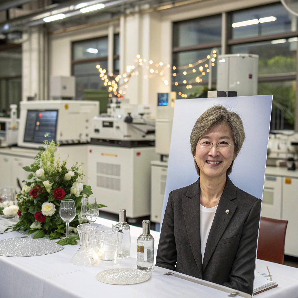 AI generated image by Red Panda AI: A professional retirement dinner event poster featuring a woman in her mid-50s with short, well-groomed hair and a kind smile. She is wearing a formal suit, standing in a laboratory setting with modern analytical equipment in the background (e.g., chromatography or testing devices). The setting reflects a government food safety and hazardous material analysis lab, emphasizing expertise and dedication. The image conveys warmth, respect, and celebration. Include elegant but simple decorations, such as soft lighting and floral elements, to highlight the occasion. A banner in the image should read: '부산지방식품의약품안전청 유해물질분석과 - 퇴임연' with the date '2024년 12월 18일' displayed prominently. Colors are professional and warm, with a mix of navy blue, white, and gold accents.