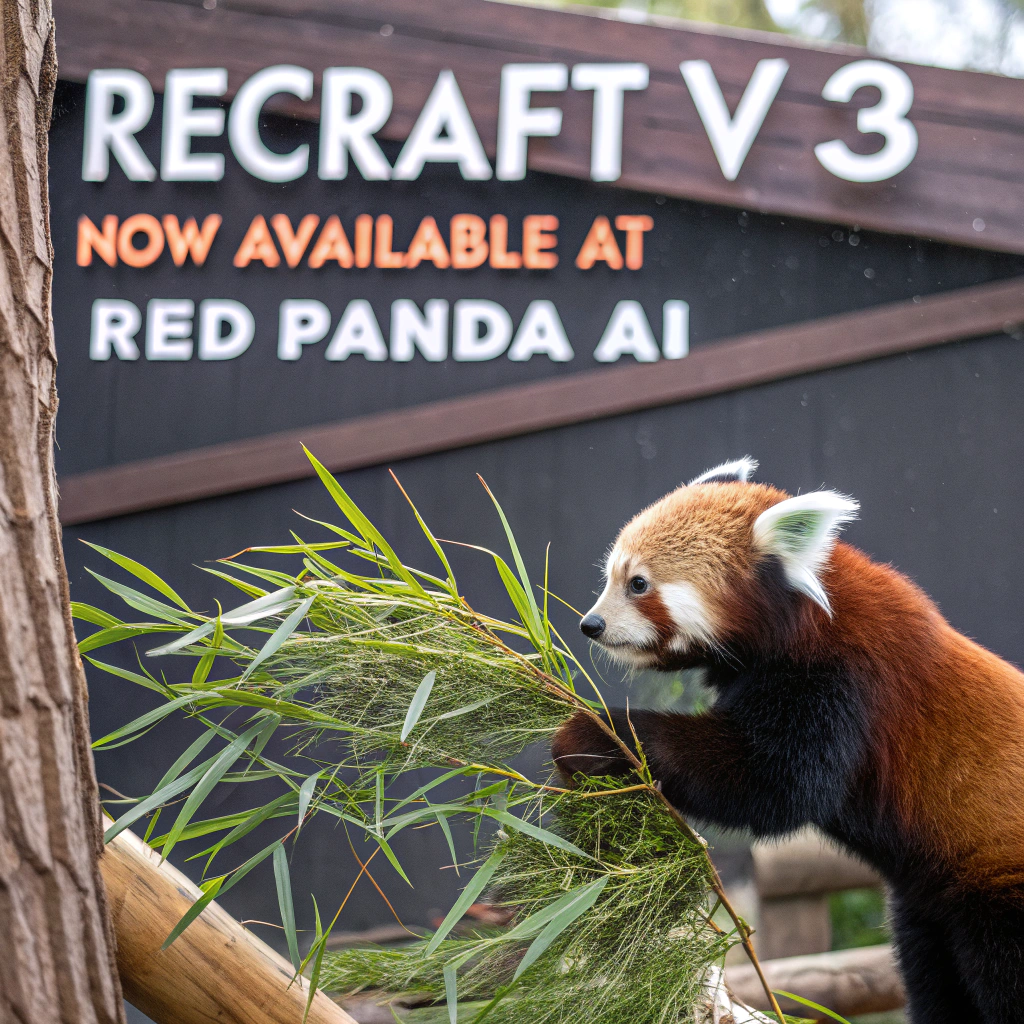AI generated image by Red Panda AI: a red panda eating a bamboo in front of a poster that says "recraft V3 now available at red panda ai