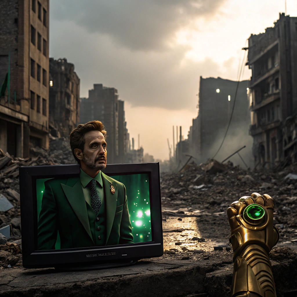 AI generated image by Red Panda AI: genera una ciudad que este destrozada y una pantalla con un hombre que viste con un mono verde sus ojos son totalmente blancos y tiene una especie de guantelete dorado en su mano derecha con una gema verde