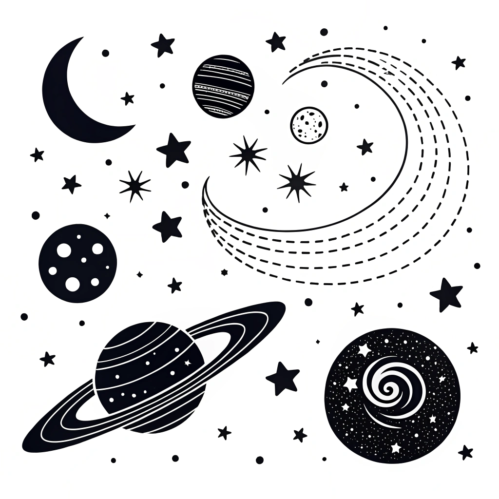 AI generated image by Red Panda AI: Create a black-and-white stencil design featuring elements of the universe. Include planets, stars, a crescent moon, and a galaxy spiral. The design should be minimalist and suitable for tracing or spray painting on paper, with clear outlines and no shading.