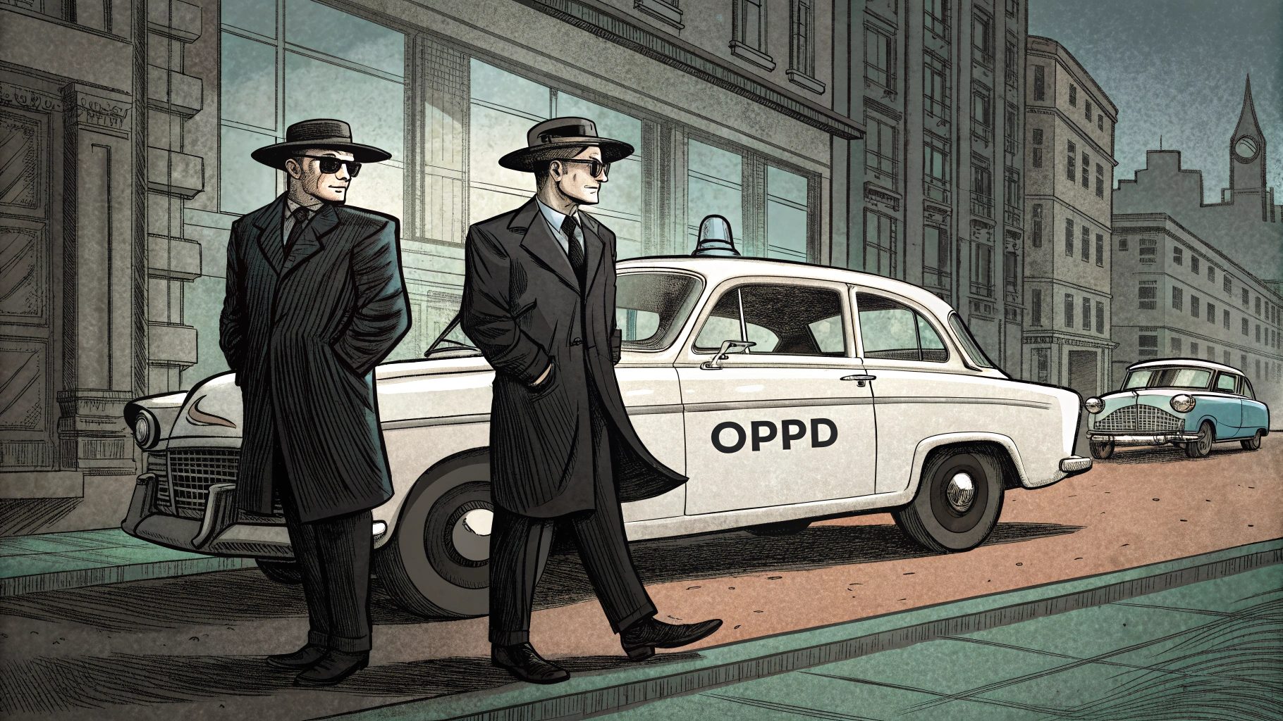 AI generated image by Red Panda AI: two mysterious men in black are utility workers, they stand next to a white sedan that has "OPPD" on the side, 1950s newspaper comic book style
