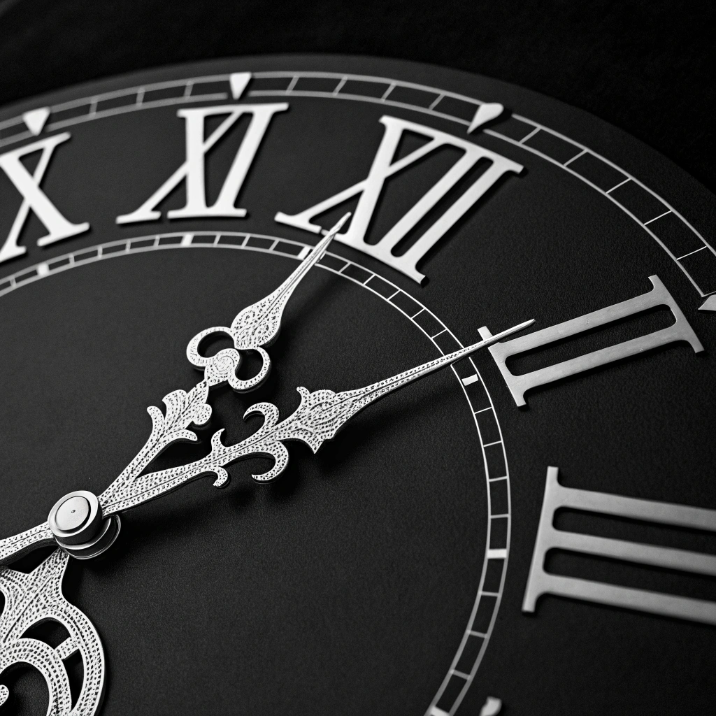 AI generated image by Red Panda AI: A black background with the hands of an old clock in white; only the hour and minute hands are visible, showing 09:05.