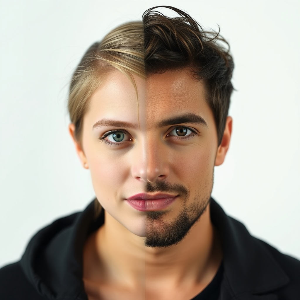 AI generated image by FLUX.1-schnell: A front facing portrait that is half male on the right, half female on the left
