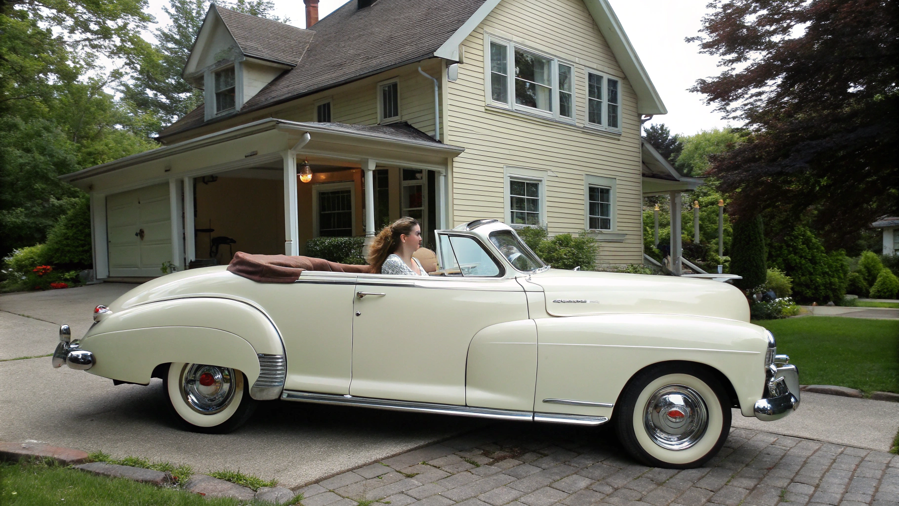 AI generated image by Red Panda AI: Camera positioned on right side of 1948  Chevrolet convertible with the top down parked in the driveway of a older home in a quiet neighborhood. Camera aimed at feet and pedals. Beautiful, very petite young Scandinavian woman 30 years sitting in driver’s seat behind steering wheel. Both hands on the steering wheel. Feet resting on floorboard.. Long brown hair gathered into a bun. Pale complexion. Lipstick light eye makeup. Hoop earrings. Off-shoulder 3/4 sleeve white peasant blouse. Tight-fitting denim miniskirt hemmed mid thigh. Cork ultra high wedge slides pink vamp. 