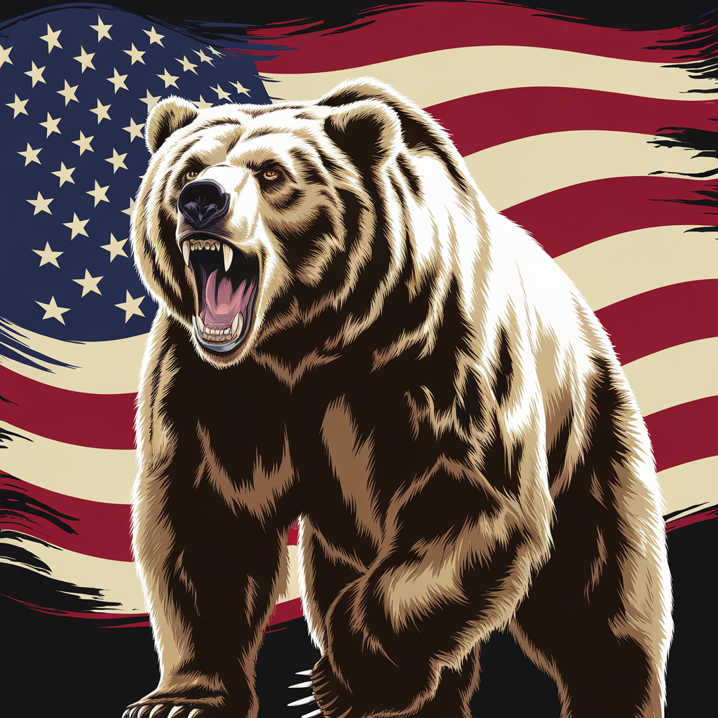 AI generated image by ideogram 2.0: "A powerful, roaring grizzly bear with its mouth open, showing sharp teeth, standing in front of a large waving American flag. The bear has a strong, intense expression, with detailed fur in brown and cream tones. The flag is dynamic and stylized with a torn or painted brushstroke effect around the edges. The background is dark to enhance contrast and drama. The art style is bold and graphic