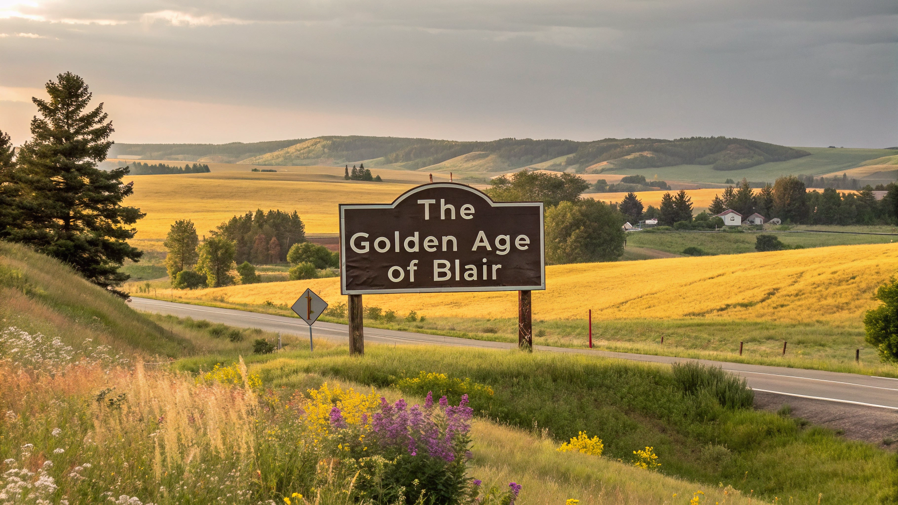 AI generated image by Red Panda AI: beautiful, glorious, majestic, nebraska motif, sign says, "The Golden Age of Blair"